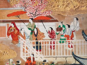 Osakazu Byobu - Japans kamerscherm met acht panelen (schilderij) door Japanese School