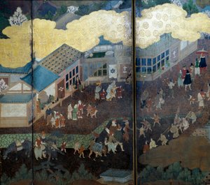 Portugese scherm: een voorstelling van de aankomst van Portugese jezuïetenmissionarissen in Japan in de 16e eeuw (detail) door Japanese School