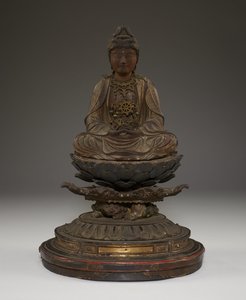 Zittende Miroku Bosatsu (polychroom hout met kristal, metaal en bladgoud) door Japanese School
