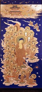 De Amida Boeddha daalt neer uit de hemel, het is de Japanse naam van de Amitabha Boeddha. Schilderij van de Yamato School - E van de 16e eeuw. Genua, Museo Chiossone. door Japanese School