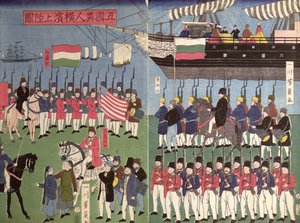 De aankomst van het eskader van commodore Perry in een Japanse haven in 1853 door Japanese School