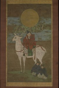 Het Vertrek uit Kashima (Godheid van de Kasuga uit), laat 14e eeuw (hangende rol: inkt, kleur en goud op zijde) door Japanese School