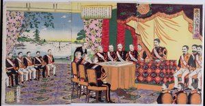 Keizer Mutsuhito (1852-1912) houdt een krijgsraad, een episode uit de Chinees-Japanse oorlog, eind 19e eeuw door Japanese School