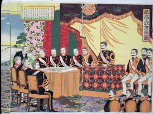 Keizer Mutsuhito (1852-1912) houdt een krijgsraad, een episode uit de Chinees-Japanse oorlog, eind 19e eeuw door Japanese School