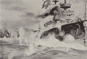 De Mikasa die dapper vecht tegen het Russische Eskader bij Port Arthur op 10 augustus door Japanese School