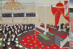 Het parlement in Tokio, eind negentiende eeuw (kleur houtsnede) door Japanese School