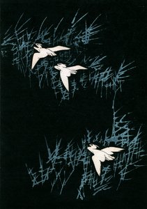 Drie Kraanvogels in een Zwart Landschap