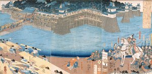 Drieluik met een fort dat wordt gebouwd bij de rivier Kunigos door Japanese School