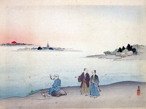 Twee mannen wandelen langs een meer, ca. 1870 door Japanese School