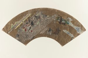 Untitled - waaiervormige schilderij van dames die in een paviljoen zitten en een spel spelen, 1603-1868 door Japanese School