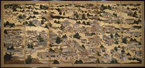 Gezicht in en rond Kyoto (Rakuchu rakugai zu), ca.1616-24 (inkt, kleur  bladgoud op papier) door Japanese School