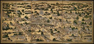 Gezicht in en rond Kyoto (Rakuchu rakugai zu), ca.1616-24 (inkt, kleur  bladgoud op papier) door Japanese School