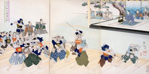 Krijgsheer kijkt naar samurai die hun zwaardvechtkunsten oefenen door Japanese School