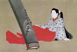 Vrouw die de Koto speelt, gereproduceerd in The Kokka magazine, ca. 1896-97