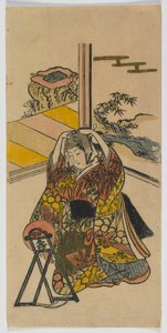 Jonge vrouw knielend naast een spiegel, Edo periode, 1720s door Japanese School