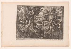 Landschap met het verhaal van de barmhartige Samaritaan: de aankomst bij de herberg door Jaspar de Isaac (attributed to)
