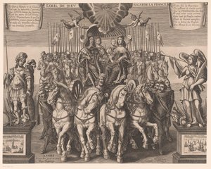 Lodewijk XIII en Anna van Oostenrijk samen met de dauphin en de hertog van Anjou in een koets getrokken door vier paarden door Jaspar de Isaac