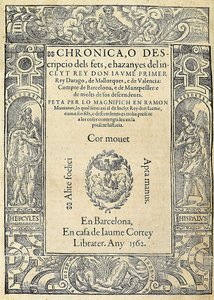 Ramon Muntaner (1265-1336), Catalaanse militair en columnist. Omslag van het boek Chronica door Jaume Cortey