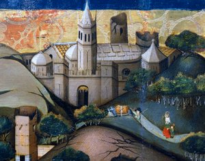 Landschap met de Bisschopskerk, detail van Vlucht naar Egypte, altaarstuk uit Verdu