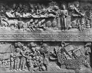 Borobudur tempelreliëf van Bodhisattva die zich baadt