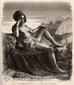 Inheemse vrouw van Taio-Hae, Marquises, toont haar getatoeëerde benen. Gravure naar een tekening van A. Rixens.