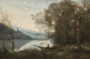De afgemeerde schipper: Souvenir van een Italiaans meer door Jean-Baptiste-Camille Corot