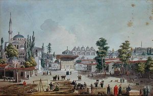 Uitzicht op Tophane, Karakoy door Jean Baptiste Hilair