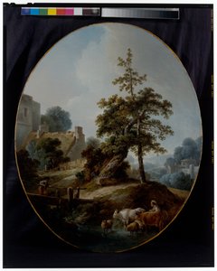 Landschap met een jonge jongen en een herderin met koeien en schapen door Jean Baptiste Huet