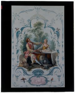 Twee Decoratieve Panelen met Paren van Geliefden Getiteld "De Picknick" en "De Toast" door Jean Baptiste Huet