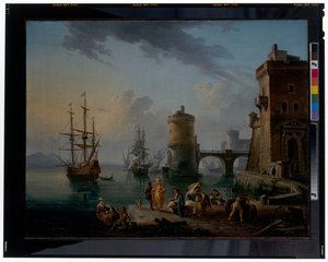 Een havenscène: Turkse kooplieden op het aanlegplatform voor schepen door Jean Baptiste Lallemand