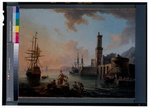 Vissers en courtisanes in een mediterrane haven bij zonsondergang door Jean Baptiste Lallemand