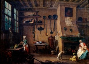 Keukeninterieur in de 18e eeuw. Een kok bereidt een maaltijd. Op de achtergrond zien we de keukengerei aan de muur hangen (18e eeuw) Dijon, Museum voor Schone Kunsten door Jean Baptiste Lallemand