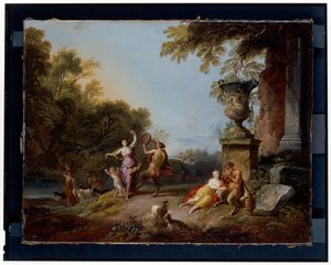 Nimfen en saters in een rivierlandschap door Jean Baptiste Lallemand