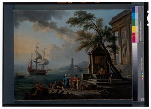 Turkse kooplieden in een mediterrane haven bij zonsopgang