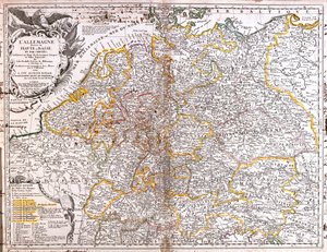 België, Nederland, Duitsland, Polen (woiwodschap: Pommeren, West-Pommeren, Lubusz, Neder-Silezië, Opolskie, Silezië ), Republiek Tsjechië, Oostenrijk, Slovenië, Italië (Regio: Friuli-Venezia Giulia, noord Veneto, Trentino-Alto Adige, noord Lombardije), Swi door Jean Baptiste Nolin