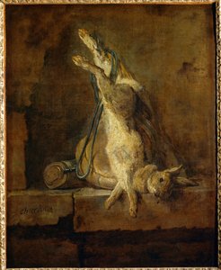 Lapin de Garenne mort avec une gibeciere et une poire a poudre - dode haas met wildzak en kruitfles ...
