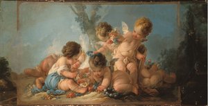 Groep van zes geliefden die met bloemen spelen, circa 1761