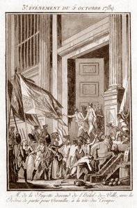 Franse Revolutie - La Fayette verlaat het stadhuis van Parijs om naar Versailles te gaan, 5 oktober door Jean Francois Janinet