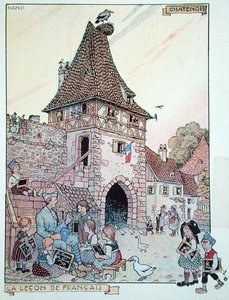 Een Franse soldaat die Frans leert aan Elzasser kinderen die weer Franse burgers zijn geworden, illustratie uit 