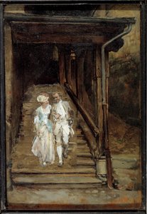 De houten trap van de kathedraal van Lausanne of De filosoof Jean Jacques Rousseau en Madame de Warens door Jean Louis Ernest Meissonier