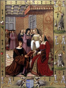 Jean Marot biedt zijn boek, Le Voyage de Genes, aan koningin Anne van Bretagne aan (naar een verluchting door Jean Bourdichon, circa 1508) door Jean (after) Bourdichon