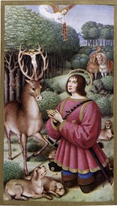 Heilige Hubertus - Miniatuur door Jean Bourdichon, facsimile van de Getijden van Anne van Bretagne