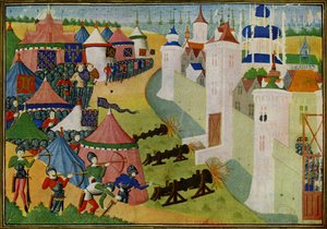 De aanval op de sterke stad Afrique, het moderne Mehadia, Tunesië, uit de Kronieken van Froissart door Jean (after) Froissart