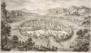 Tchao-Hoei Bezig met Oefeningen en Militaire Spelen in 1758, plaat 5 uit een serie prenten die de veroveringen van Qianlong, de Keizer van China, voorstellen, gegraveerd door Pierre Philippe Choffard, 1772
