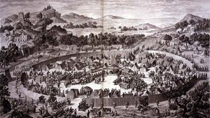 Tchao-Hoei in zijn kamp onder de muren van Yerechim ontvangt de eerbetuigingen van de inwoners van de stad en provincie in juli 1759, plaat 4 uit de serie prenten die de veroveringen van Qianlong, de keizer van China, voorstellen, gegraveerd door Pierre Ph door Jean (d.1781) (after) Damascene
