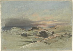 Zonsondergang vanaf een Rotsachtige Kustlijn door Jean Achille Benouville