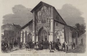 De Aartsbisschop van Chambéry, aan het hoofd van zijn Geestelijkheid, die van de Kathedraal naar de Stembus gaat voor de Annexatie aan Frankrijk