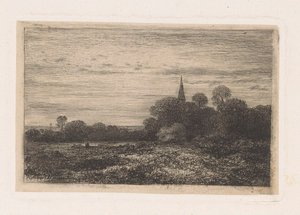 Landschap met kerktoren door Jean Alexis Achard