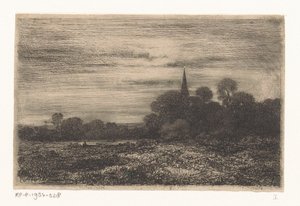 Landschap met kerktoren door Jean Alexis Achard