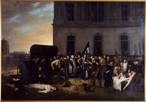 Tijdelijke begrafenis van de slachtoffers van juli voor de colonnade van het Louvre door Jean Alphonse Roehn